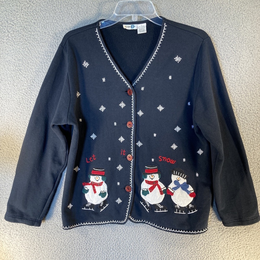 Paul‎ Harris Design Snowman Cardigan Womens Large Navy Blue  Embroidered  FLAW